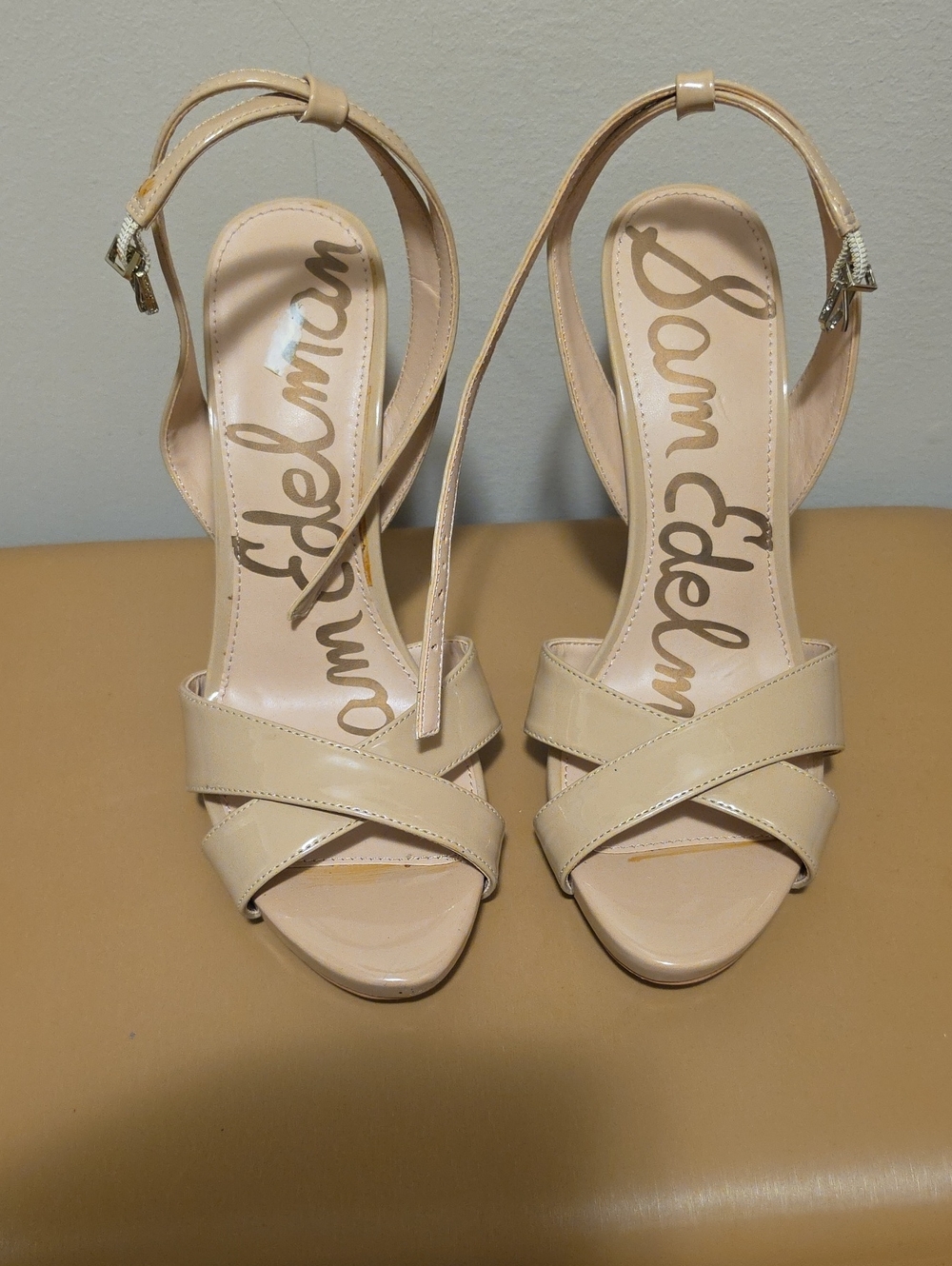 Sam Edelman Nude Beige Crisscross Ankle-Strap Heels